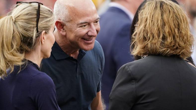 Sep 15, 2022; Kansas City, Missouri, USA; Amazon executive chairman Jeff Bezos in attendance before the Kansas City Chiefs play against the Los Angeles Chargers at GEHA Field at Arrowhead Stadium. Mandatory Credit: Jay Biggerstaff-USA TODAY Sports