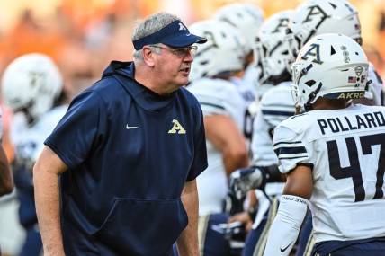 Sep 17, 2022; Knoxville, Tennessee, USA; Akron Zips head coach Joe Moorhead coaching during warmups before the game against the Tennessee Volunteers at Neyland Stadium. Mandatory Credit: Bryan Lynn-USA TODAY Sports