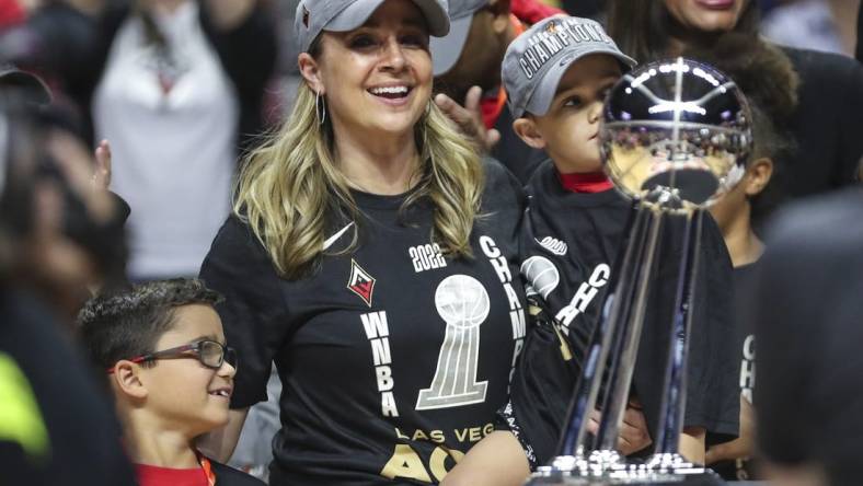 Sep 18, 2022; Uncasville, Connecticut, USA; Las Vegas Aces head coach Becky Hammon celebrates after winning the WNBA Championship in game four of the 2022 WNBA Finals against the Connecticut Sun at Mohegan Sun Arena. Mandatory Credit: Wendell Cruz-USA TODAY Sports