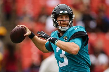 Sep 11, 2022; Landover, Maryland, USA; Jacksonville Jaguars quarterback C.J. Beathard (3) warms up before the game against the Washington Commanders at FedExField. Mandatory Credit: Scott Taetsch-USA TODAY Sports