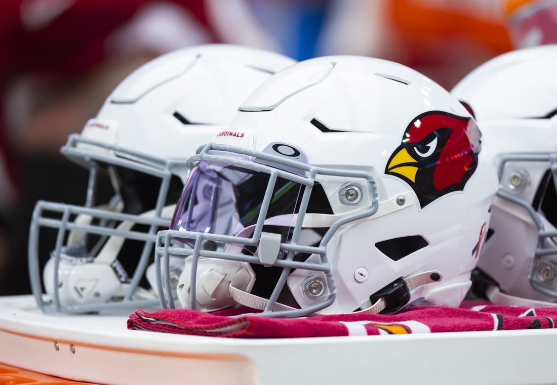 Sep 11, 2022; Glendale, Arizona, USA; Detailed view od Arizona Cardinals helmet at State Farm Stadium. Mandatory Credit: Mark J. Rebilas-USA TODAY Sports