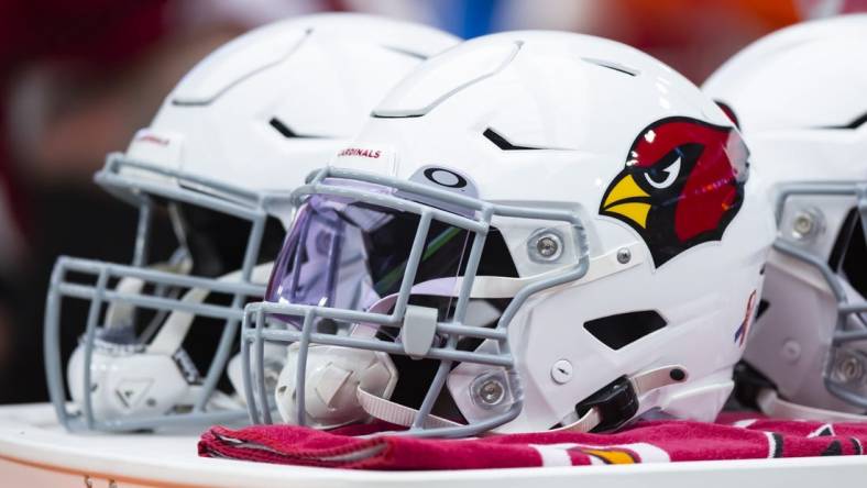 Sep 11, 2022; Glendale, Arizona, USA; Detailed view od Arizona Cardinals helmet at State Farm Stadium. Mandatory Credit: Mark J. Rebilas-USA TODAY Sports