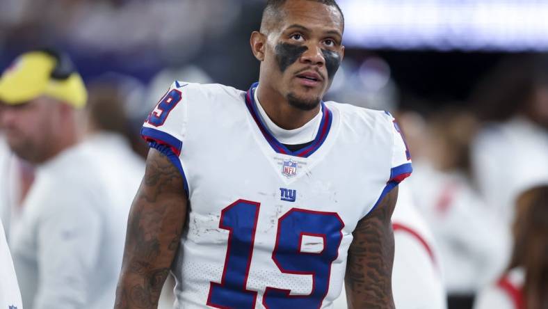 Sep 26, 2022; East Rutherford, New Jersey, USA; New York Giants wide receiver Kenny Golladay (19) reacts during the second half against the Dallas Cowboys at MetLife Stadium. Mandatory Credit: Brad Penner-USA TODAY Sports