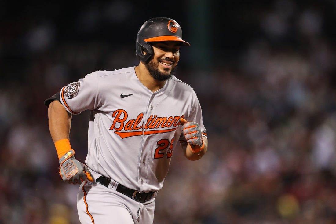 Sep 27, 2022; Boston, Massachusetts, USA; Baltimore Orioles left fielder Anthony Santander (25) reacts after hitting a home run during the third inning against the Boston Red Sox at Fenway Park. Mandatory Credit: Paul Rutherford-USA TODAY Sports