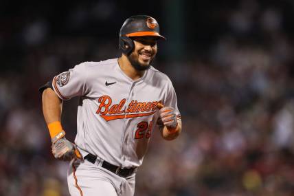 Sep 27, 2022; Boston, Massachusetts, USA; Baltimore Orioles left fielder Anthony Santander (25) reacts after hitting a home run during the third inning against the Boston Red Sox at Fenway Park. Mandatory Credit: Paul Rutherford-USA TODAY Sports