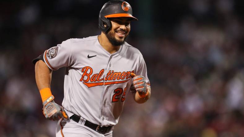 Sep 27, 2022; Boston, Massachusetts, USA; Baltimore Orioles left fielder Anthony Santander (25) reacts after hitting a home run during the third inning against the Boston Red Sox at Fenway Park. Mandatory Credit: Paul Rutherford-USA TODAY Sports