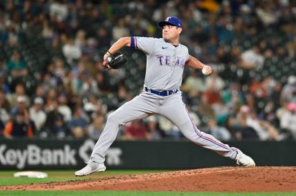 Sep 27, 2022; Seattle, Washington, USA; Texas Rangers relief pitcher Matt Moore (45) throws against the Seattle Mariners during the seventh inning at T-Mobile Park. Mandatory Credit: Steven Bisig-USA TODAY Sports
