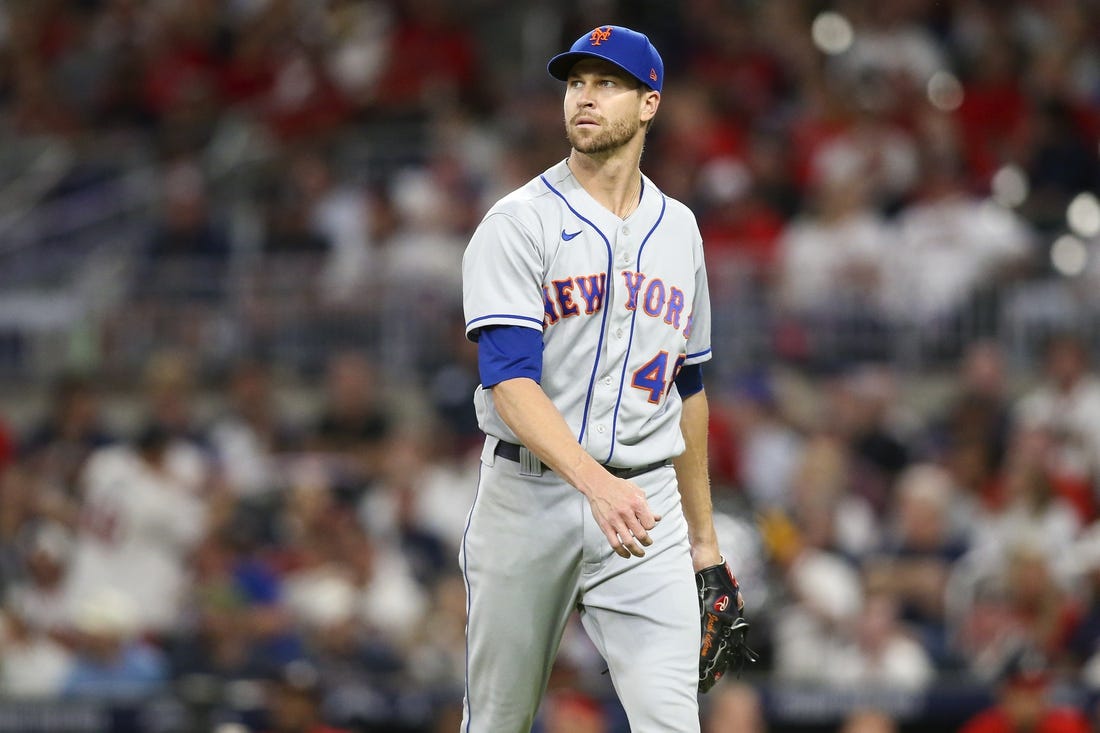 Sep 30, 2022; Atlanta, Georgia, USA; New York Mets starting pitcher Jacob deGrom (48) walks off the mound against the Atlanta Braves in the second inning at Truist Park. Mandatory Credit: Brett Davis-USA TODAY Sports