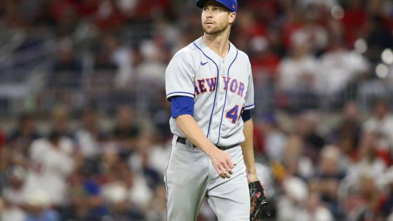 Sep 30, 2022; Atlanta, Georgia, USA; New York Mets starting pitcher Jacob deGrom (48) walks off the mound against the Atlanta Braves in the second inning at Truist Park. Mandatory Credit: Brett Davis-USA TODAY Sports