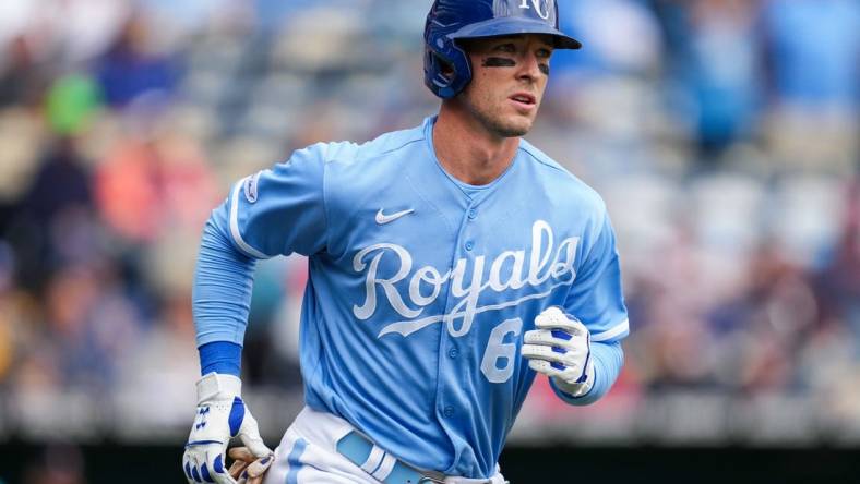 Sep 22, 2022; Kansas City, Missouri, USA; Kansas City Royals center fielder Drew Waters (6) rounds the bases after hitting a home run during the fifth inning against the Minnesota Twins at Kauffman Stadium. Mandatory Credit: Jay Biggerstaff-USA TODAY Sports