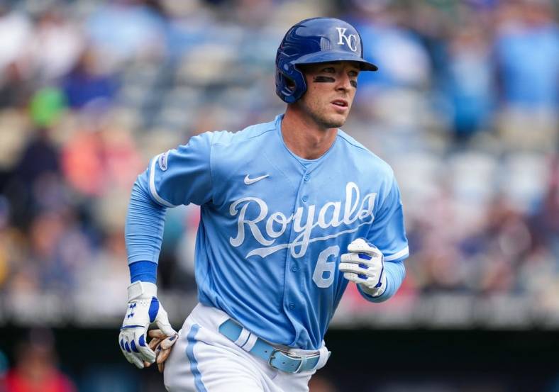 Sep 22, 2022; Kansas City, Missouri, USA; Kansas City Royals center fielder Drew Waters (6) rounds the bases after hitting a home run during the fifth inning against the Minnesota Twins at Kauffman Stadium. Mandatory Credit: Jay Biggerstaff-USA TODAY Sports
