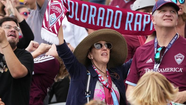 Oct 1, 2022; Commerce City, Colorado, USA; Colorado Rapids fans cheer following a goal in the second half against FC Dallas at Dick's Sporting Goods Park. Mandatory Credit: Ron Chenoy-USA TODAY Sports