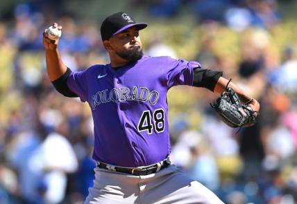 Oct 2, 2022; Los Angeles, California, USA;  Colorado Rockies starting pitcher German Marquez (48) throws to the plate in the third inning against the Los Angeles Dodgers at Dodger Stadium. Mandatory Credit: Jayne Kamin-Oncea-USA TODAY Sports