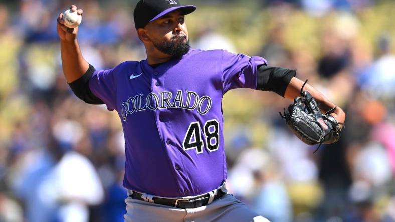 Oct 2, 2022; Los Angeles, California, USA;  Colorado Rockies starting pitcher German Marquez (48) throws to the plate in the third inning against the Los Angeles Dodgers at Dodger Stadium. Mandatory Credit: Jayne Kamin-Oncea-USA TODAY Sports