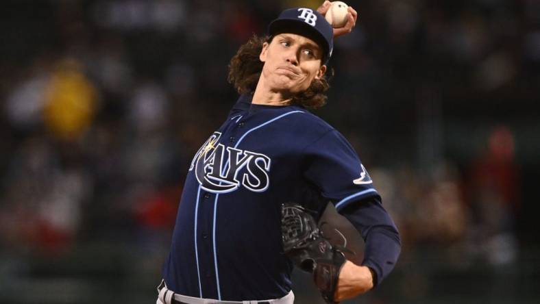 Oct 3, 2022; Boston, Massachusetts, USA; Tampa Bay Rays starting pitcher Tyler Glasnow (20) pitches against the Boston Red Sox during the first at inning at Fenway Park. Mandatory Credit: Brian Fluharty-USA TODAY Sports