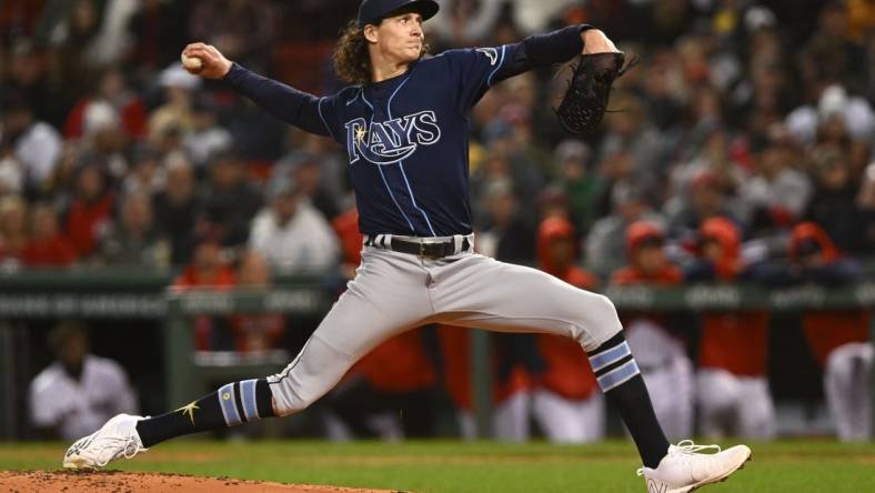 Oct 3, 2022; Boston, Massachusetts, USA; Tampa Bay Rays starting pitcher Tyler Glasnow (20) pitches against the Boston Red Sox during the first at inning at Fenway Park. Mandatory Credit: Brian Fluharty-USA TODAY Sports