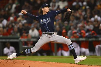 Oct 3, 2022; Boston, Massachusetts, USA; Tampa Bay Rays starting pitcher Tyler Glasnow (20) pitches against the Boston Red Sox during the first at inning at Fenway Park. Mandatory Credit: Brian Fluharty-USA TODAY Sports