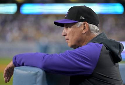 Oct 4, 2022; Los Angeles, California, USA; Colorado Rockies manager Bud Black (10) looks on from the dugout in the first inning against the Los Angeles Dodgers at Dodger Stadium. Mandatory Credit: Jayne Kamin-Oncea-USA TODAY Sports