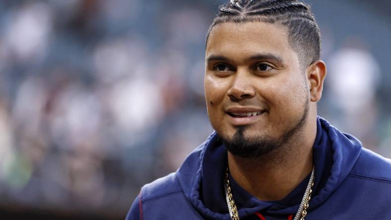 Oct 5, 2022; Chicago, Illinois, USA; Minnesota Twins first baseman Luis Arraez (2) smiles after a game against the Chicago White Sox at Guaranteed Rate Field. Mandatory Credit: Kamil Krzaczynski-USA TODAY Sports