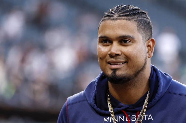 Oct 5, 2022; Chicago, Illinois, USA; Minnesota Twins first baseman Luis Arraez (2) smiles after a game against the Chicago White Sox at Guaranteed Rate Field. Mandatory Credit: Kamil Krzaczynski-USA TODAY Sports