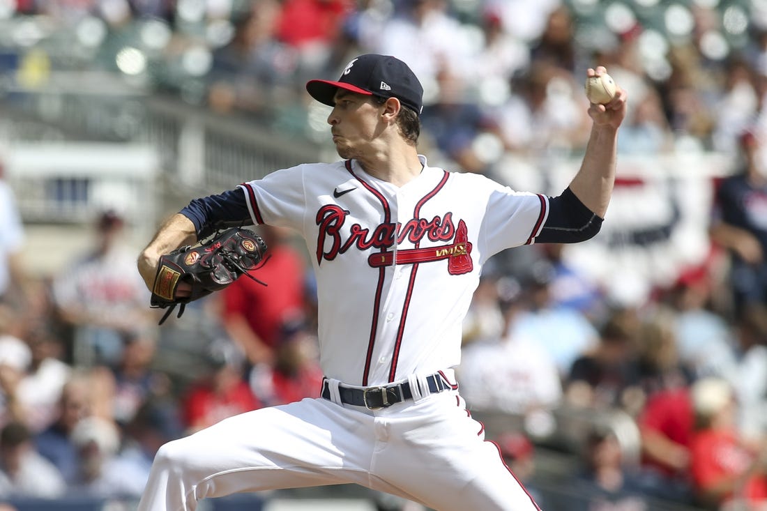 Oct 11, 2022; Atlanta, Georgia, USA; Atlanta Braves starting pitcher Max Fried (54) throws against the Philadelphia Phillies in the first inning during game one of the NLDS for the 2022 MLB Playoffs at Truist Park. Mandatory Credit: Brett Davis-USA TODAY Sports