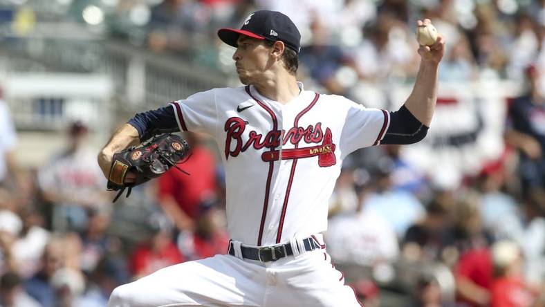 Oct 11, 2022; Atlanta, Georgia, USA; Atlanta Braves starting pitcher Max Fried (54) throws against the Philadelphia Phillies in the first inning during game one of the NLDS for the 2022 MLB Playoffs at Truist Park. Mandatory Credit: Brett Davis-USA TODAY Sports