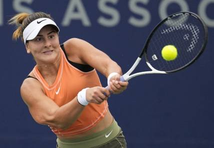 Oct 13, 2022; San Diego, California, US;  Bianca Andreescu of Canada hits the ball against Coco Gauff of the United States during the San Diego Open at Barnes Tennis Center. Mandatory Credit: Ray Acevedo-USA TODAY Sports