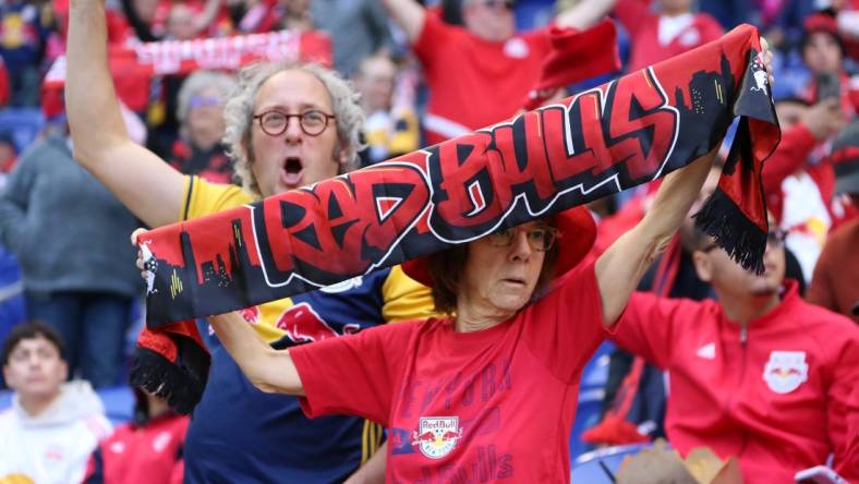 Oct 15, 2022; Harrison, New Jersey, USA; Fans of the New York Red Bulls react before a match against FC Cincinnati at Red Bull Arena. Mandatory Credit: Wendell Cruz-USA TODAY Sports