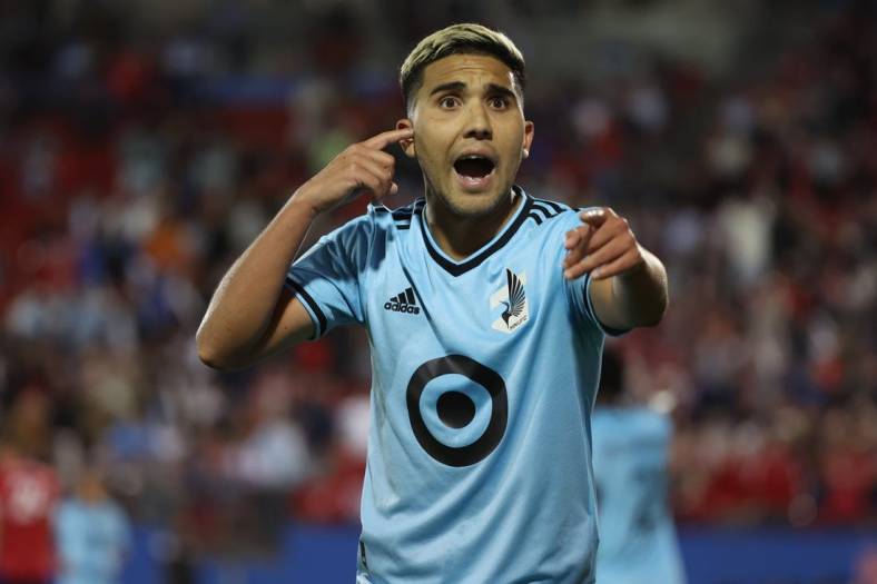 Oct 17, 2022; Frisco, Texas, US; Minnesota United midfielder Emanuel Reynoso (10) reacts to a goal that was ruled offside in the second half against the FC Dallas at Toyota Stadium. Mandatory Credit: Kevin Jairaj-USA TODAY Sports