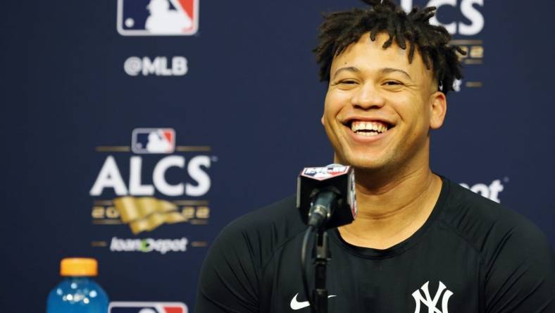 Oct 19, 2022; Houston, Texas, USA; New York Yankees pitcher Frankie Montas (47) talks to media during a press conference before game one of the ALCS for the 2022 MLB Playoffs against the Houston Astros at Minute Maid Park. Mandatory Credit: Thomas Shea-USA TODAY Sports