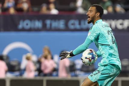 Oct 17, 2022; Flushing, New York, USA; Inter Miami goalkeeper Drake Callender (27) directs his team against New York City during the first half at Citi Field. Mandatory Credit: Tom Horak-USA TODAY Sports