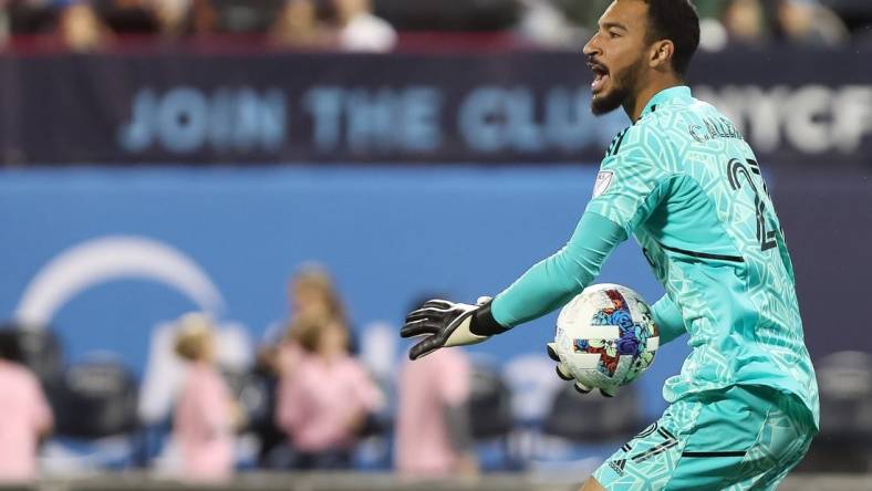 Oct 17, 2022; Flushing, New York, USA; Inter Miami goalkeeper Drake Callender (27) directs his team against New York City during the first half at Citi Field. Mandatory Credit: Tom Horak-USA TODAY Sports