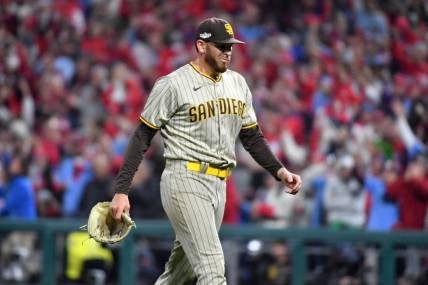 Oct 21, 2022; Philadelphia, Pennsylvania, USA; San Diego Padres starting pitcher Joe Musgrove (44) leaves the game during game in the sixth inning three of the NLCS against the Philadelphia Phillies for the 2022 MLB Playoffs at Citizens Bank Park. Mandatory Credit: Eric Hartline-USA TODAY Sports