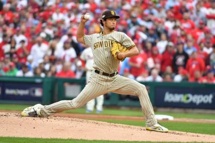 Oct 23, 2022; Philadelphia, Pennsylvania, USA; San Diego Padres starting pitcher Yu Darvish (11) pitches in the first inning during game five of the NLCS against the Philadelphia Phillies for the 2022 MLB Playoffs at Citizens Bank Park. Mandatory Credit: Eric Hartline-USA TODAY Sports