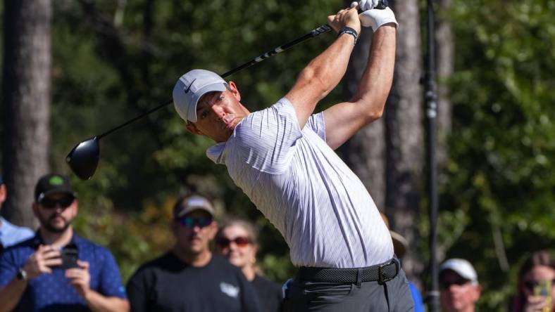 Oct 23, 2022; Ridgeland, South Carolina, USA; Rory McIlroy plays from the fourth tee during the final round of THE CJ CUP in South Carolina golf tournament. Mandatory Credit: David Yeazell-USA TODAY Sports