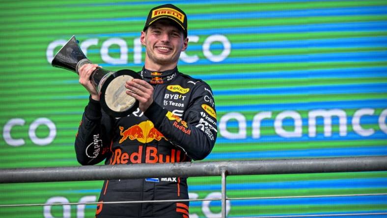 Oct 23, 2022; Austin, Texas, USA; Red Bull Racing Limited driver Max Verstappen (1) of Team Netherlands celebrates winning the U.S. Grand Prix F1 race at Circuit of the Americas. Mandatory Credit: Jerome Miron-USA TODAY Sports