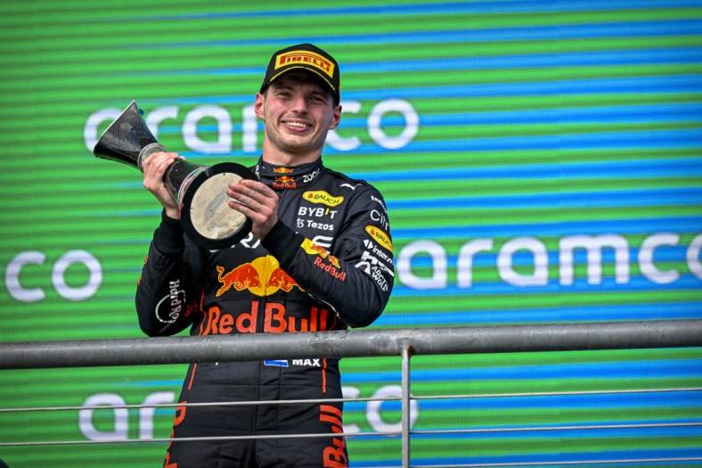 Oct 23, 2022; Austin, Texas, USA; Red Bull Racing Limited driver Max Verstappen (1) of Team Netherlands celebrates winning the U.S. Grand Prix F1 race at Circuit of the Americas. Mandatory Credit: Jerome Miron-USA TODAY Sports
