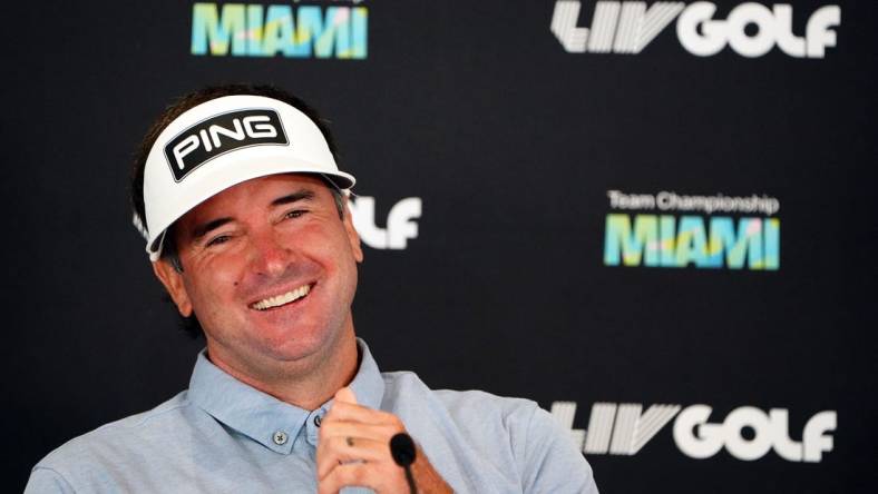 Oct 26, 2022; Miami, Florida, USA; Bubba Watson during a press conference before the LIV Golf series at Trump National Doral. Mandatory Credit: John David Mercer-USA TODAY Sports