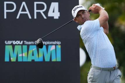 Oct 29, 2022; Miami, Florida, USA; Charles Howell III tees off on the 3rd hole during the second round of the season finale of the LIV Golf series at Trump National Doral. Mandatory Credit: Jasen Vinlove-USA TODAY Sports