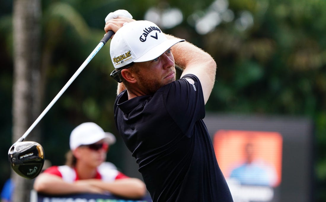 Oct 30, 2022; Miami, Florida, USA; Talor Gooch plays his shot on the 12th tee during the final round of the season finale of the LIV Golf series at Trump National Doral. Mandatory Credit: John David Mercer-USA TODAY Sports