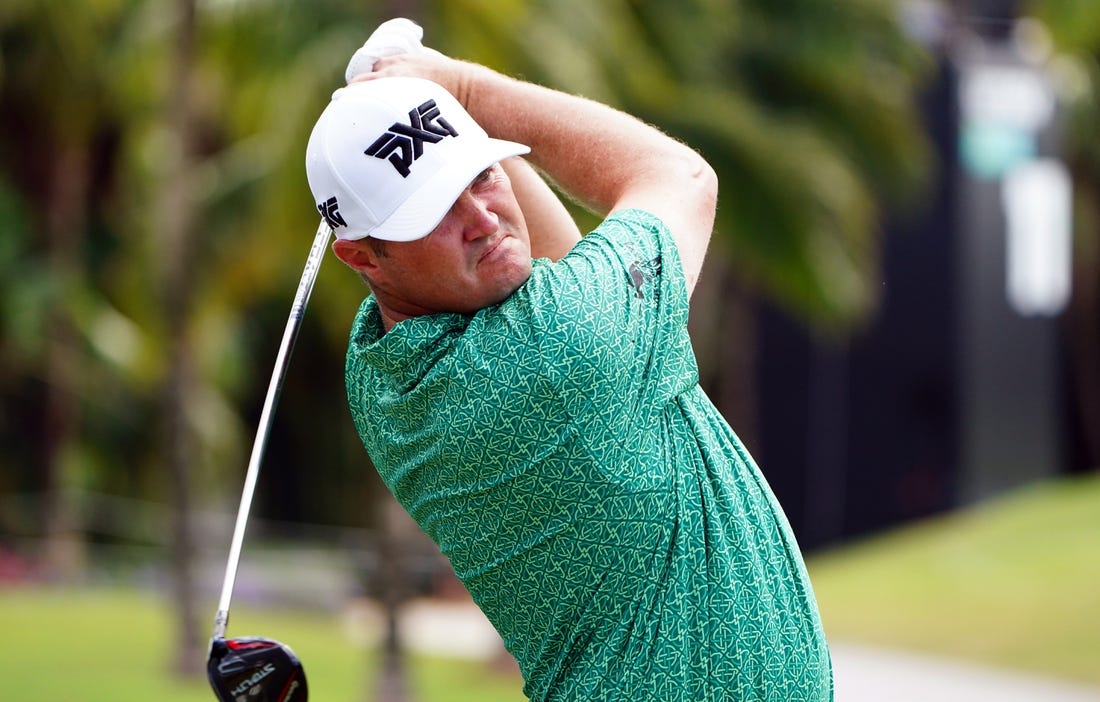 Oct 30, 2022; Miami, Florida, USA; Jason Kokrak plays his shot from the seventh tee  during the final round of the season finale of the LIV Golf series at Trump National Doral. Mandatory Credit: John David Mercer-USA TODAY Sports