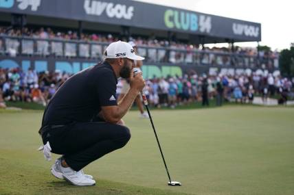 Oct 30, 2022; Miami, Florida, USA; Dustin Johnson looks over the 18th green during the final round of the season finale of the LIV Golf series at Trump National Doral. Mandatory Credit: Jasen Vinlove-USA TODAY Sports