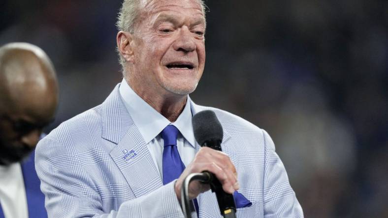 Oct 30, 2022; Indianapolis, Indiana, USA; Indianapolis Colts owner Jim Irsay speaks at a Ring of Honor induction ceremony for Tarik Glenn on Sunday, Oct. 30, 2022, during a game against the Washington Commanders at Indianapolis Colts at Lucas Oil Stadium in Indianapolis. Mandatory Credit: Max Gersh/IndyStar-USA TODAY Sports