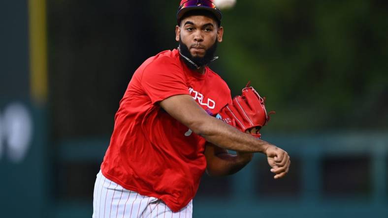 Nov 1, 2022; Philadelphia, PA, USA; Philadelphia Phillies pitcher Seranthony Dominguez (58) before Game 3 of the 2022 World Series against the Houston Astros at Citizens Bank Park. Mandatory Credit: Kyle Ross-USA TODAY Sports