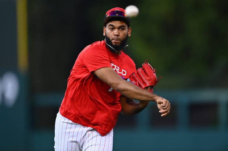 Nov 1, 2022; Philadelphia, PA, USA; Philadelphia Phillies pitcher Seranthony Dominguez (58) before Game 3 of the 2022 World Series against the Houston Astros at Citizens Bank Park. Mandatory Credit: Kyle Ross-USA TODAY Sports