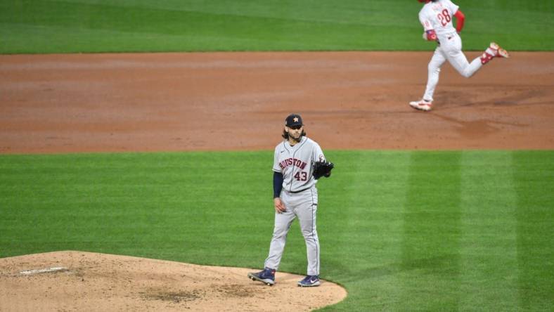 Nov 1, 2022; Philadelphia, PA, USA; Houston Astros starting pitcher Lance McCullers Jr. (43) looks on after conceding a home run to Philadelphia Phillies third baseman Alec Bohm (28) during the second inning in game three of the 2022 World Series at Citizens Bank Park. Mandatory Credit: Eric Hartline-USA TODAY Sports