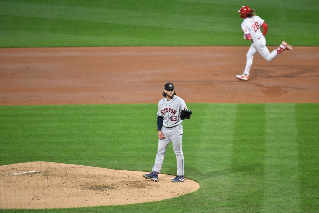 Nov 1, 2022; Philadelphia, PA, USA; Houston Astros starting pitcher Lance McCullers Jr. (43) looks on after conceding a home run to Philadelphia Phillies third baseman Alec Bohm (28) during the second inning in game three of the 2022 World Series at Citizens Bank Park. Mandatory Credit: Eric Hartline-USA TODAY Sports