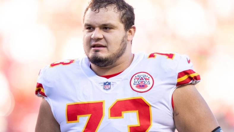 October 23, 2022; Santa Clara, California, USA; Kansas City Chiefs guard Nick Allegretti (73) after the game against the San Francisco 49ers at Levi's Stadium. Mandatory Credit: Kyle Terada-USA TODAY Sports