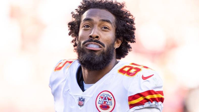 October 23, 2022; Santa Clara, California, USA; Kansas City Chiefs wide receiver Marcus Kemp (85) after the game against the San Francisco 49ers at Levi's Stadium. Mandatory Credit: Kyle Terada-USA TODAY Sports