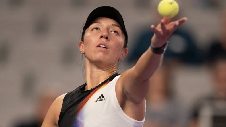 Nov 2, 2022; Forth Worth, TX, USA; Jessica Pegula (USA) tosses the ball to serve during her match against Ons Jabeur (TUN) on day three of the WTA Finals at Dickies Arena. Mandatory Credit: Susan Mullane-USA TODAY Sports